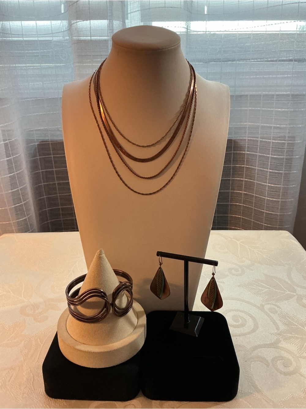 Lia Sophia Necklace and Hinged Bangle and Drop Earrings Copper Tone Jewelry Set